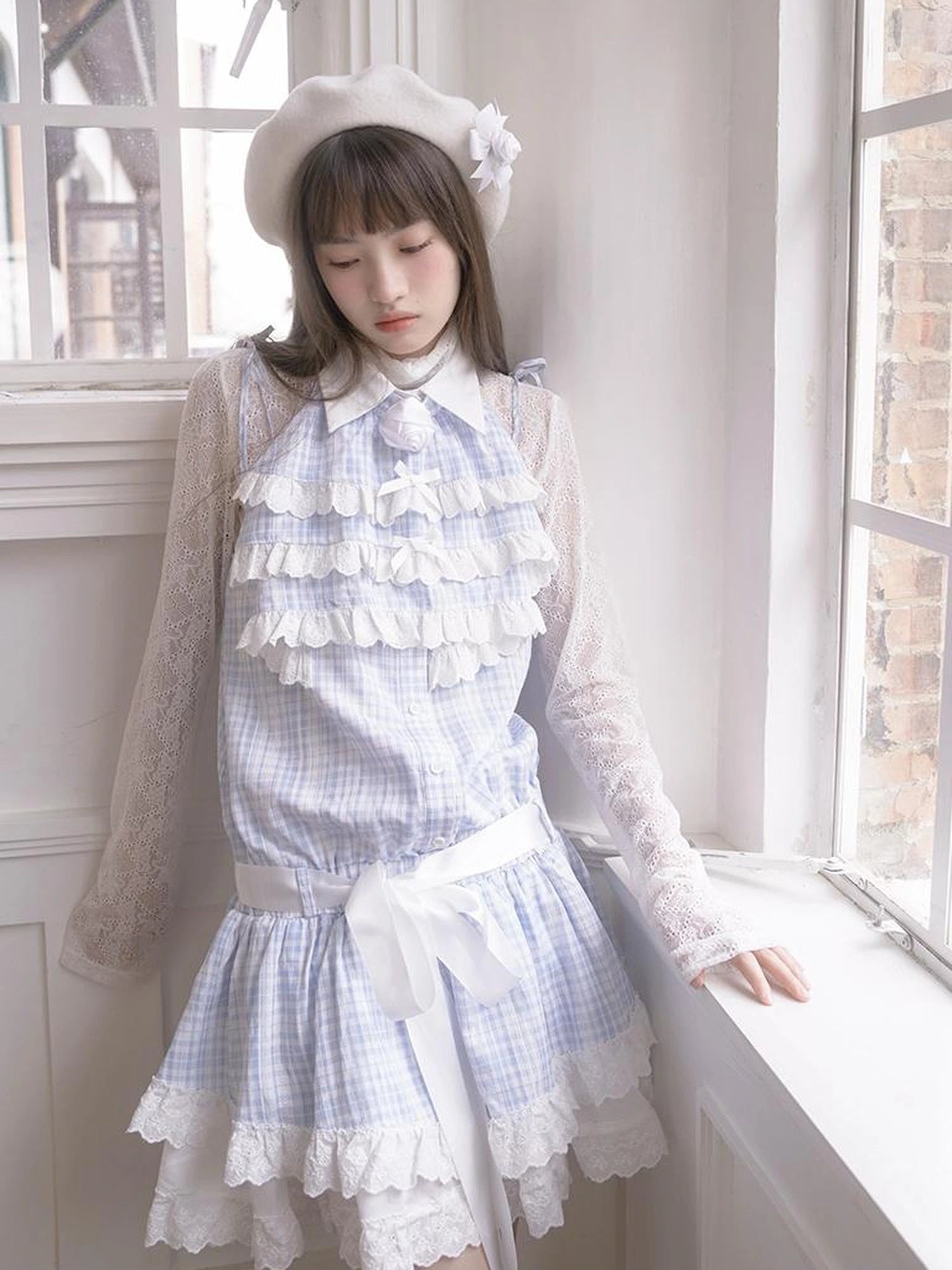 Blue Check Lace Trim Low Waist Sleeveless V-neck Dress