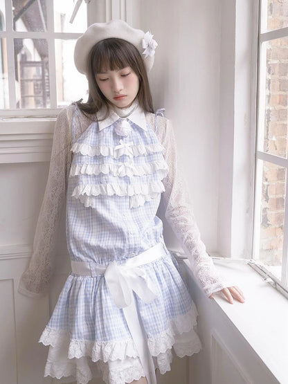 Blue Check Lace Trim Low Waist Sleeveless V-neck Dress