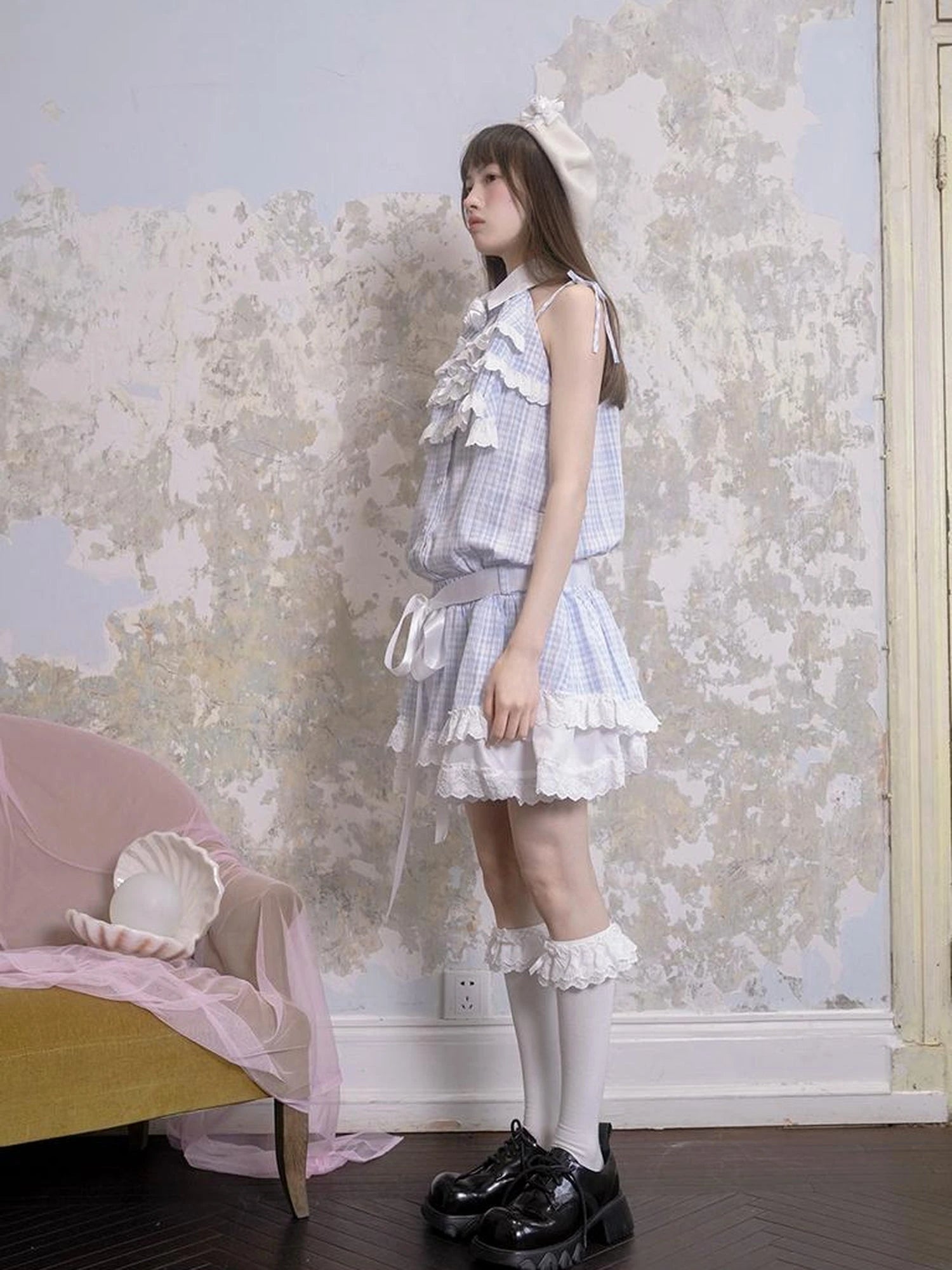 Blue Check Lace Trim Low Waist Sleeveless V-neck Dress