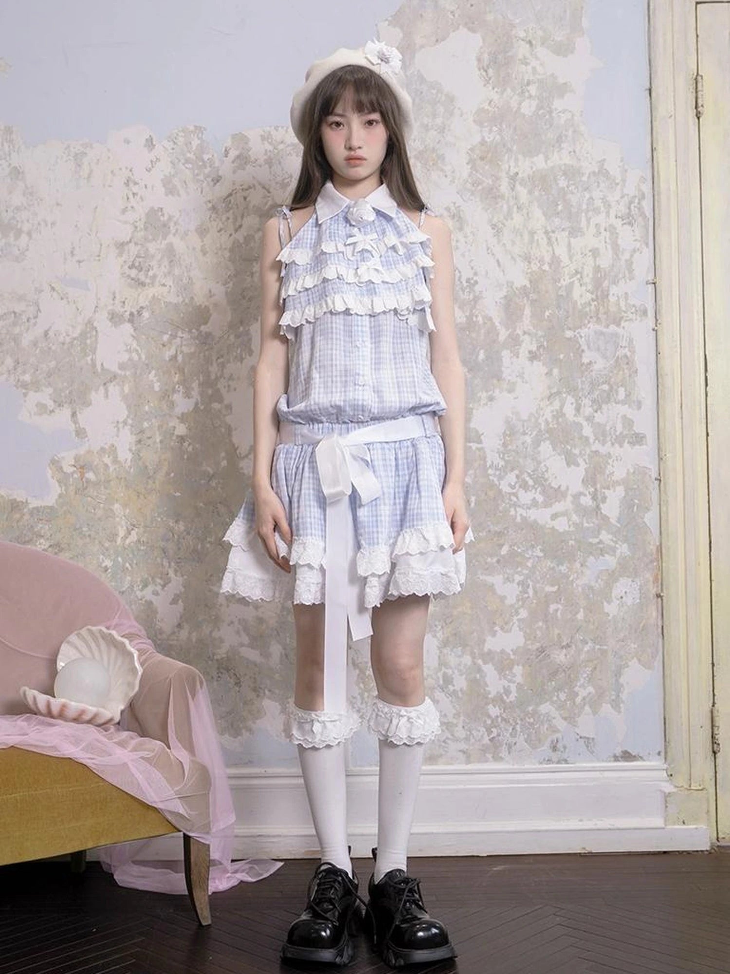 Blue Check Lace Trim Low Waist Sleeveless V-neck Dress