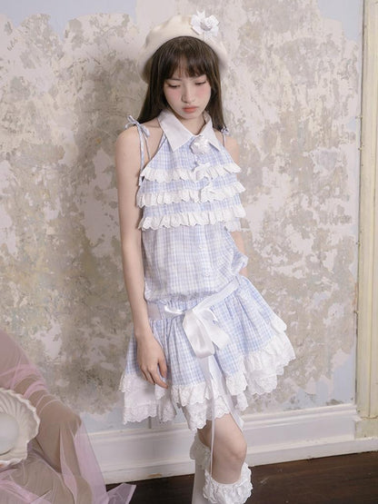 Daytoday Blue Check Lace Trim Low Waist Sleeveless V-neck Dress