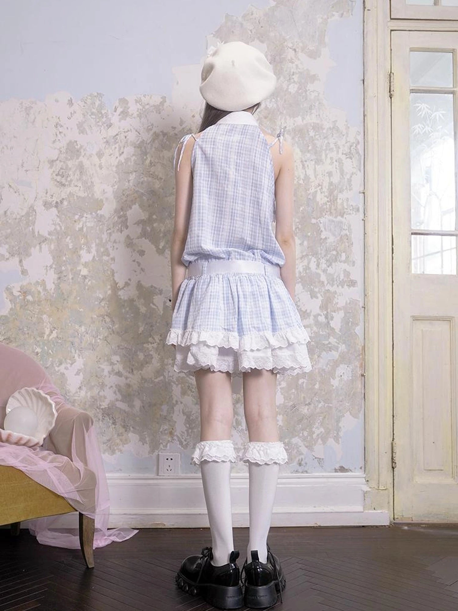 Blue Check Lace Trim Low Waist Sleeveless V-neck Dress