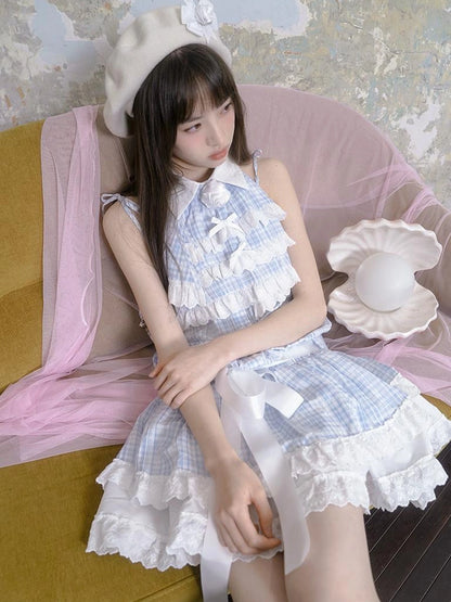 Blue Check Lace Trim Low Waist Sleeveless V-neck Dress