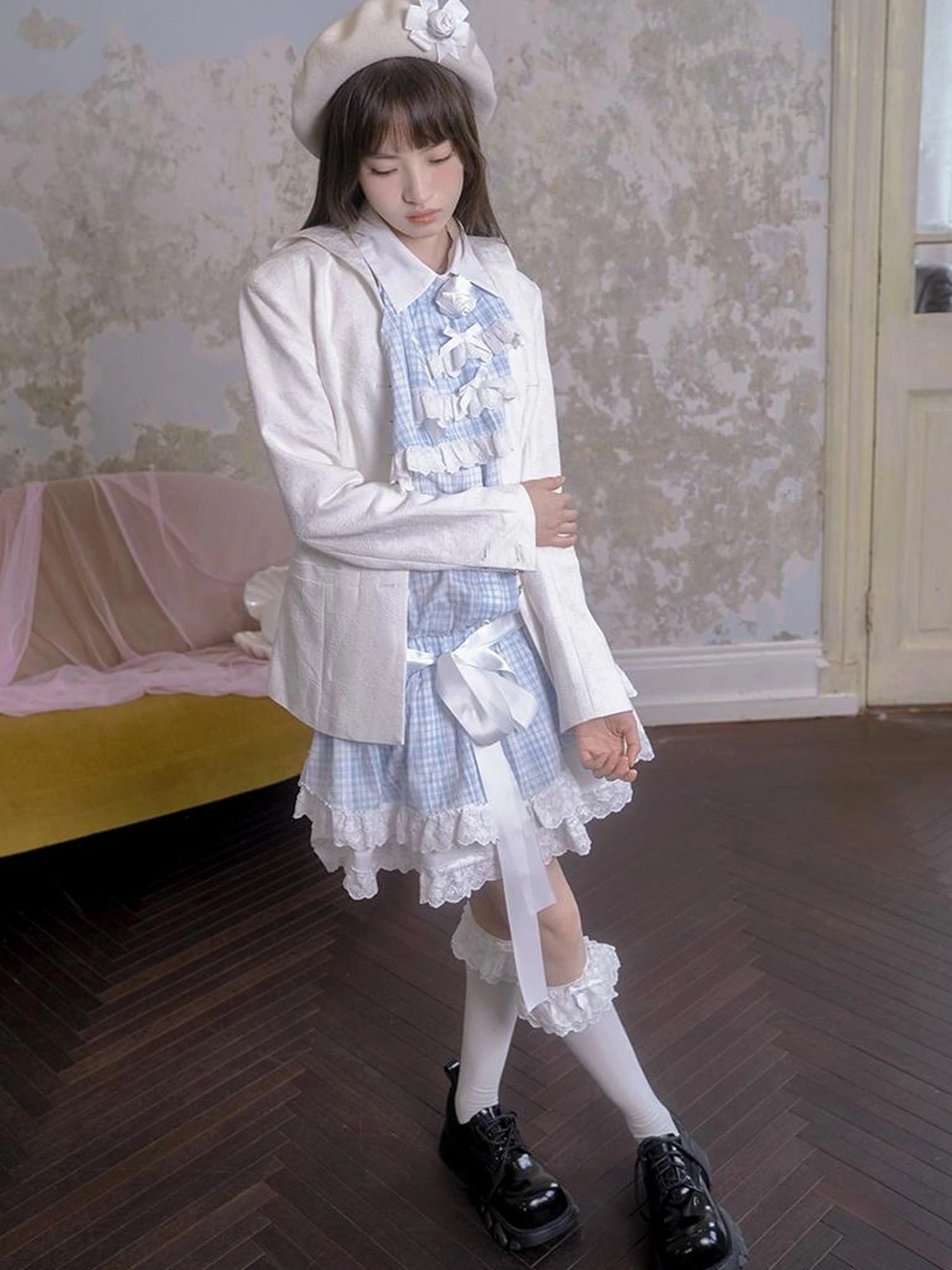 Blue Check Lace Trim Low Waist Sleeveless V-neck Dress