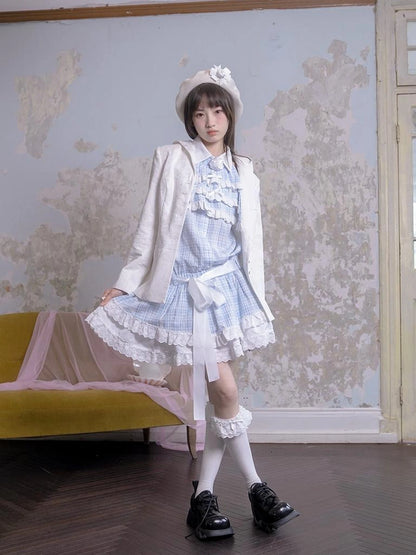 Blue Check Lace Trim Low Waist Sleeveless V-neck Dress