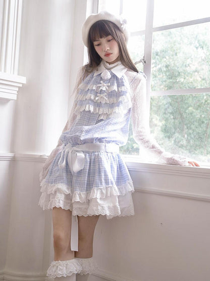 Daytoday Blue Check Lace Trim Low Waist Sleeveless V-neck Dress