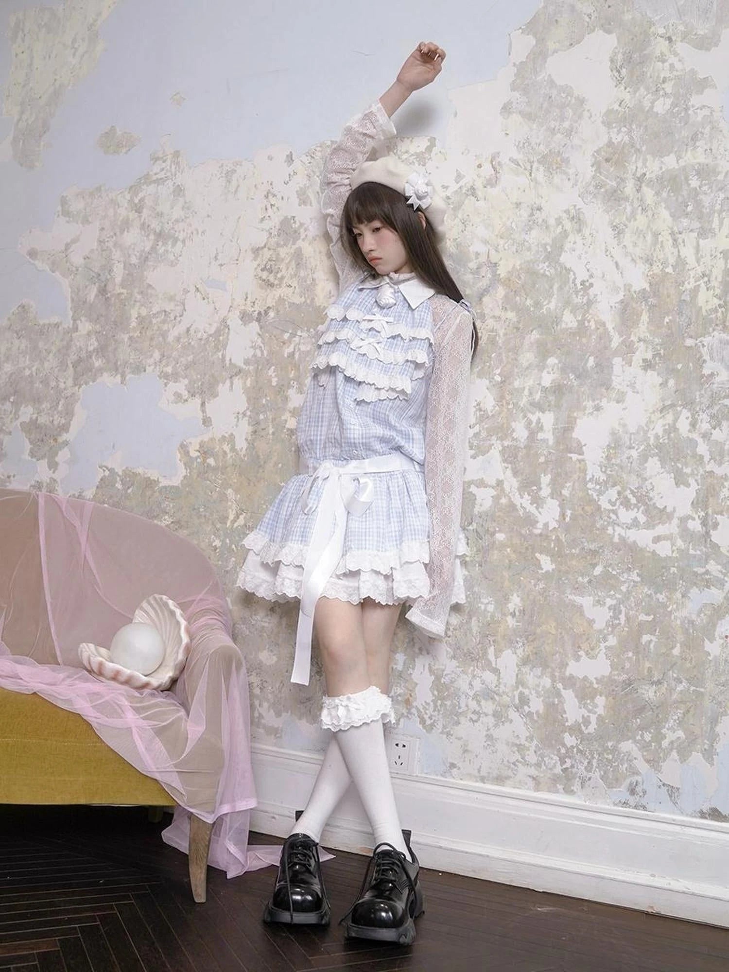 Blue Check Lace Trim Low Waist Sleeveless V-neck Dress