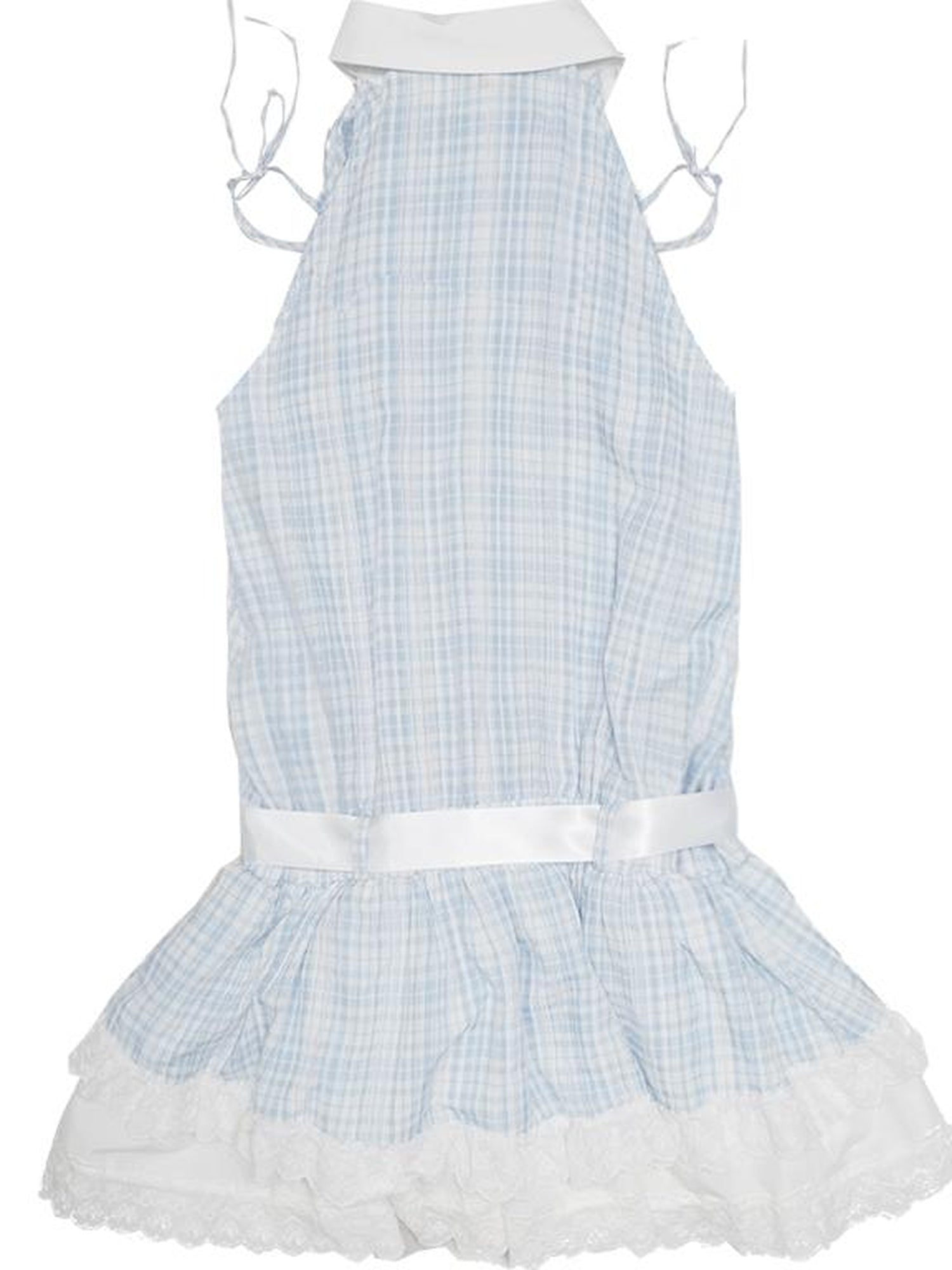 Daytoday Blue Check Lace Trim Low Waist Sleeveless V-neck Dress