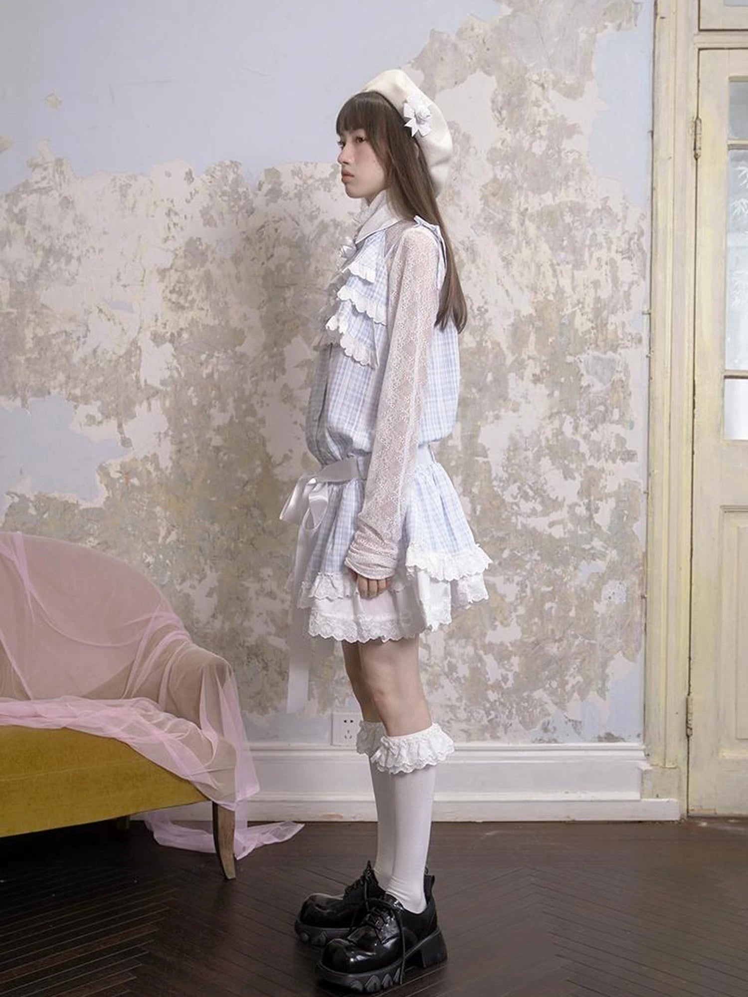 Blue Check Lace Trim Low Waist Sleeveless V-neck Dress