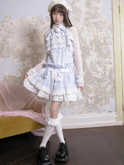 Blue Check Lace Trim Low Waist Sleeveless V-neck Dress