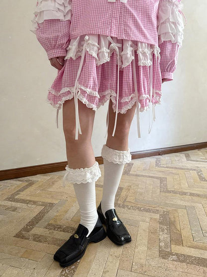 Daytoday Butterfly Bow Double Layer Plaid Mini Skirt