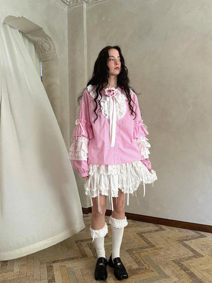 Butterfly Bow Double Layer Plaid Mini Skirt