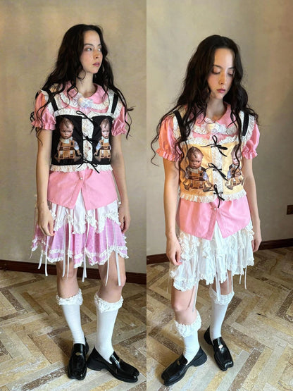 Butterfly Bow Double Layer Plaid Mini Skirt