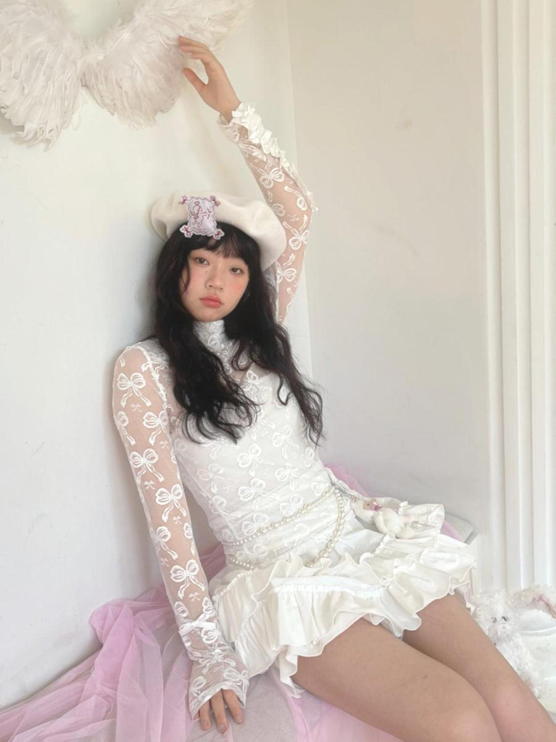 Daytoday Butterfly Bow Jacquard Stretch Turtleneck Top