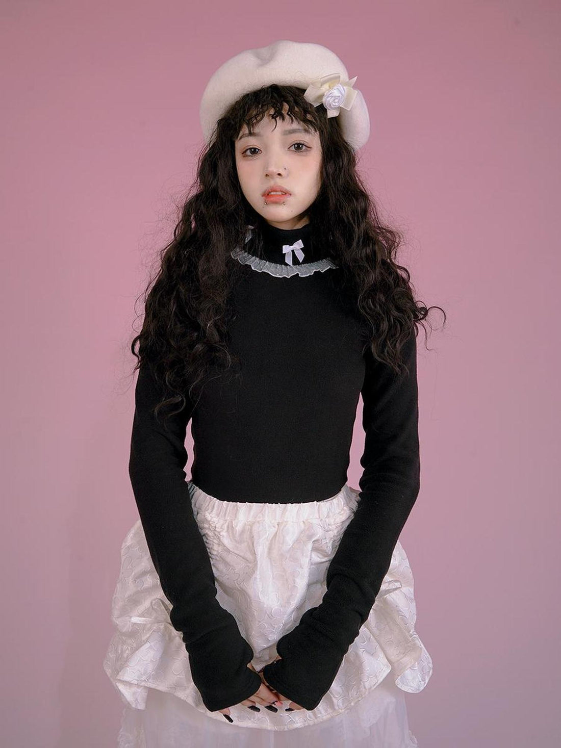 Daytoday Butterfly Bow Ribbed High Neck Long Sleeve Top