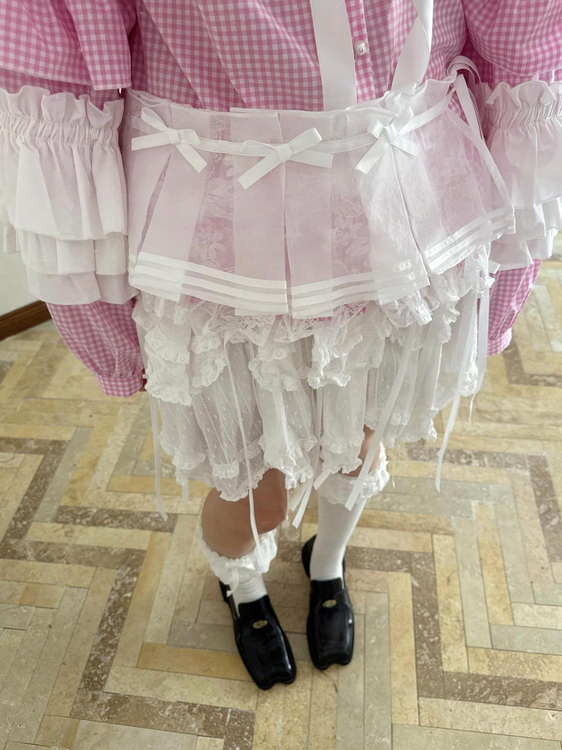 Daytoday Butterfly Bow Sheer Pleated Mini Skirt Layered Frill