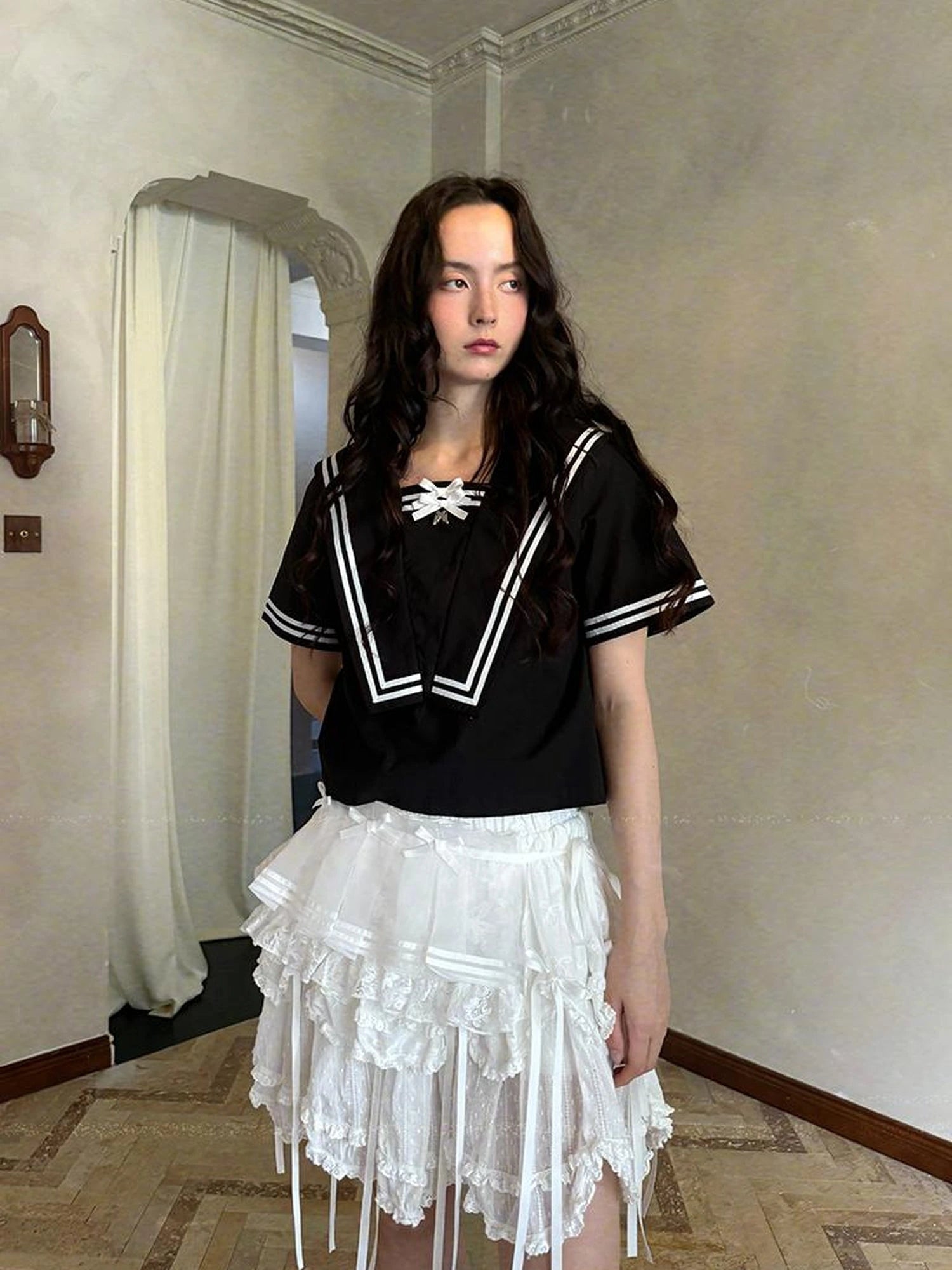 Butterfly Bow Sheer Pleated Mini Skirt Layered Frill