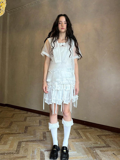 Daytoday Butterfly Bow Sheer Pleated Mini Skirt Layered Frill