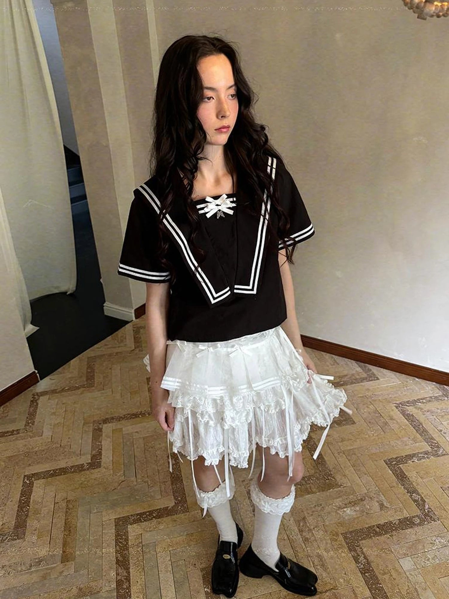 Butterfly Bow Sheer Pleated Mini Skirt Layered Frill