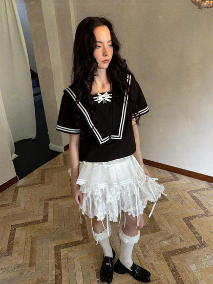 Butterfly Bow Sheer Pleated Mini Skirt Layered Frill