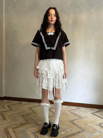 Butterfly Bow Sheer Pleated Mini Skirt Layered Frill