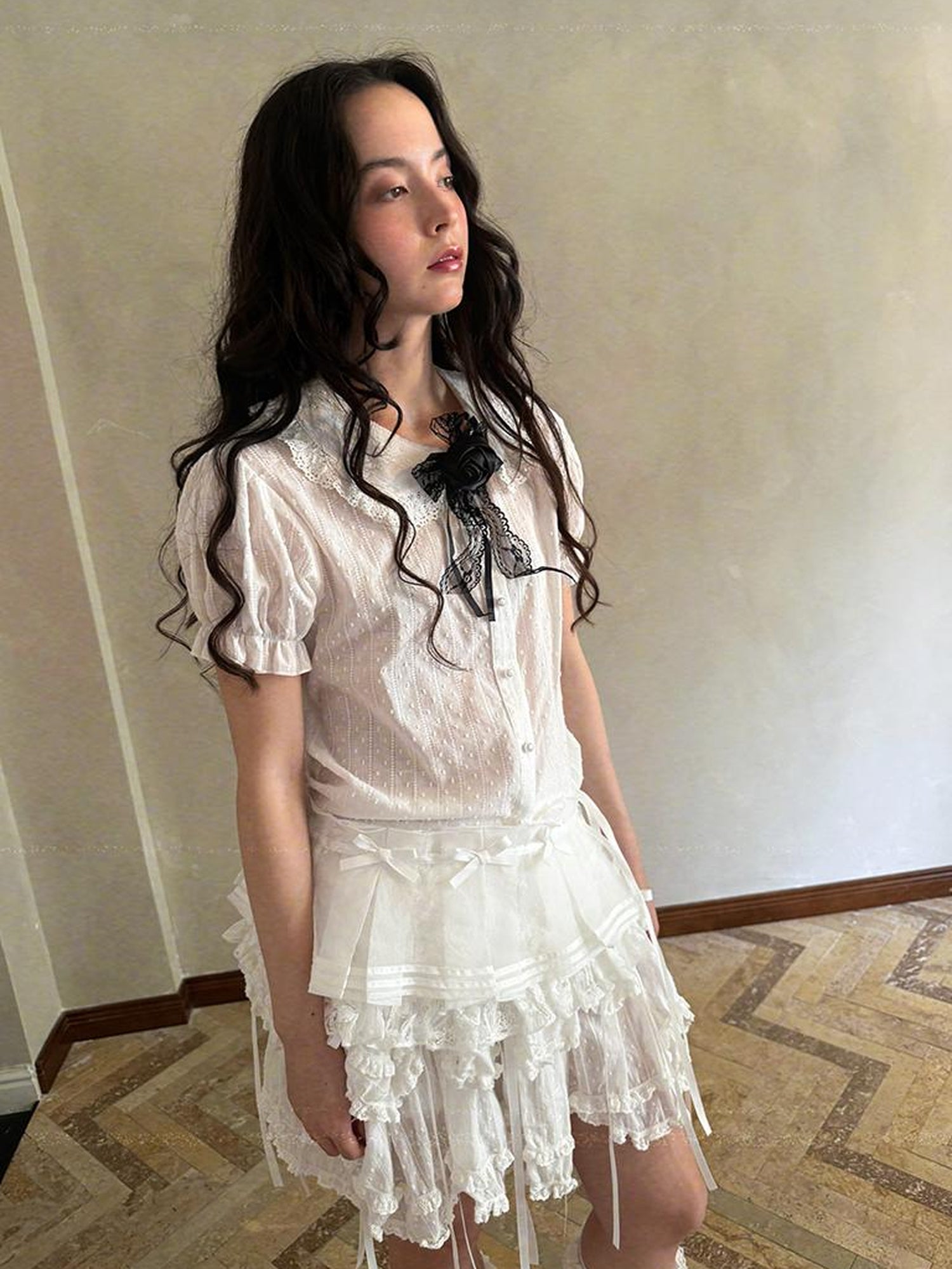 Daytoday Butterfly Bow Sheer Pleated Mini Skirt Layered Frill