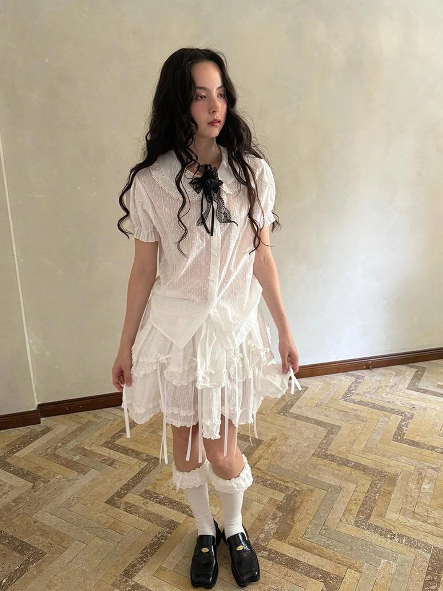 Butterfly Bow Sheer Pleated Mini Skirt Layered Frill