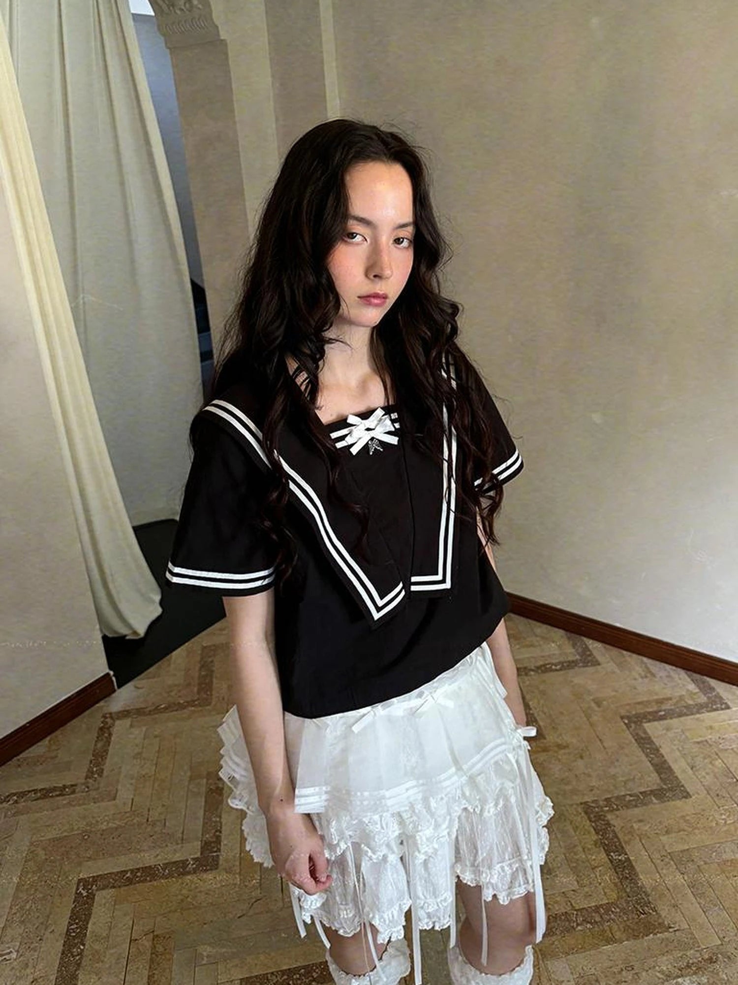 Butterfly Bow Sheer Pleated Mini Skirt Layered Frill