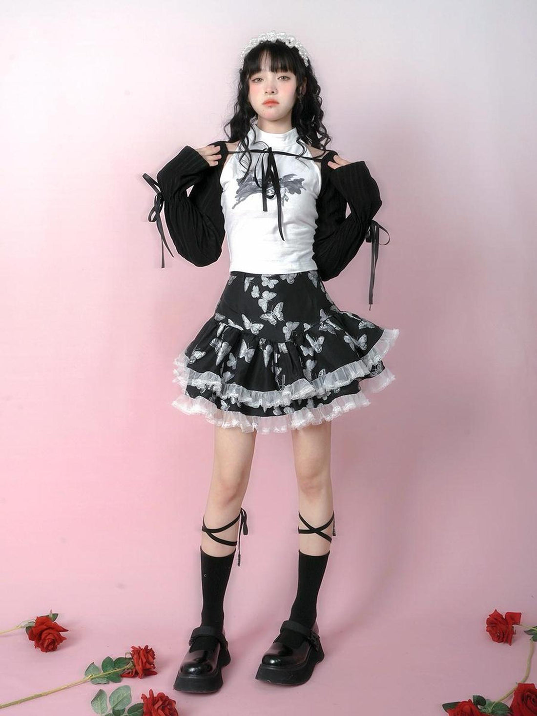 Daytoday Butterfly Cross Jacquard Denim Flounce Skirt