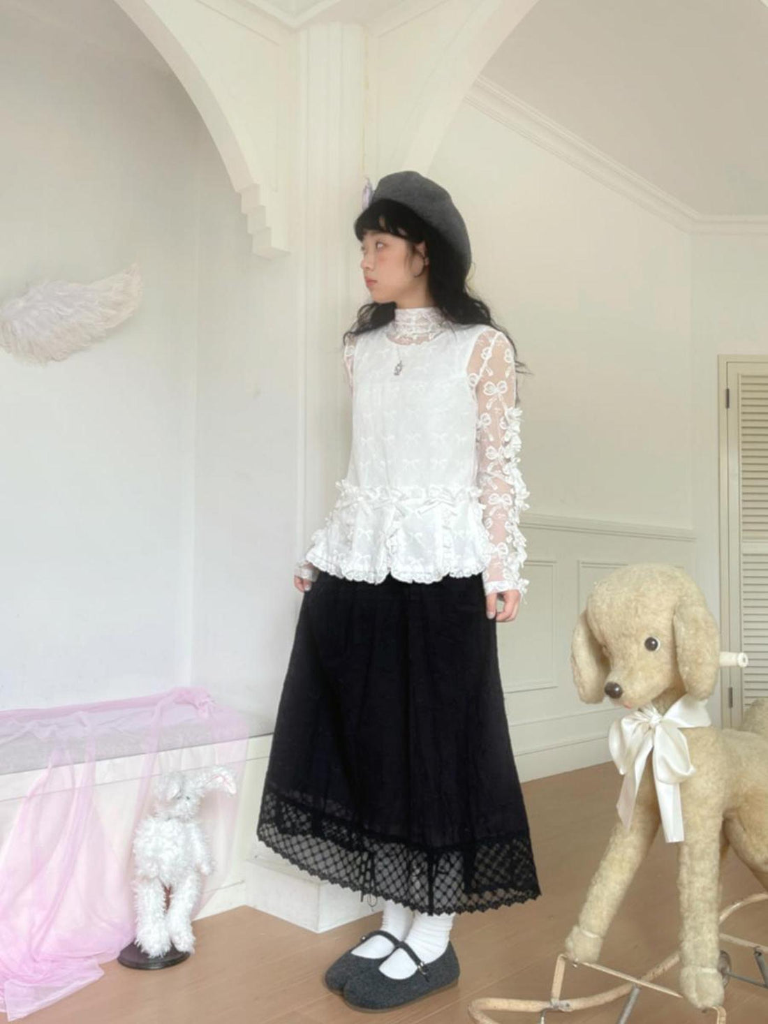 Daytoday Butterfly Embroidery Black White Long Skirt