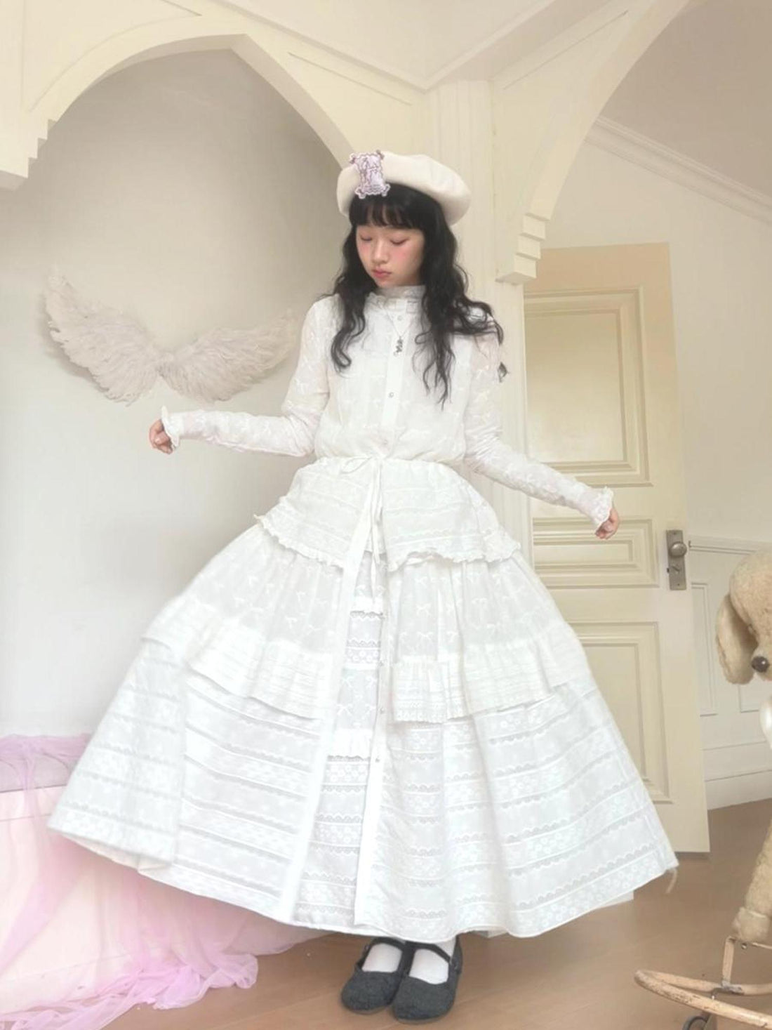 Daytoday Butterfly Embroidery Ruffle Hem Cotton Dress Cardigan