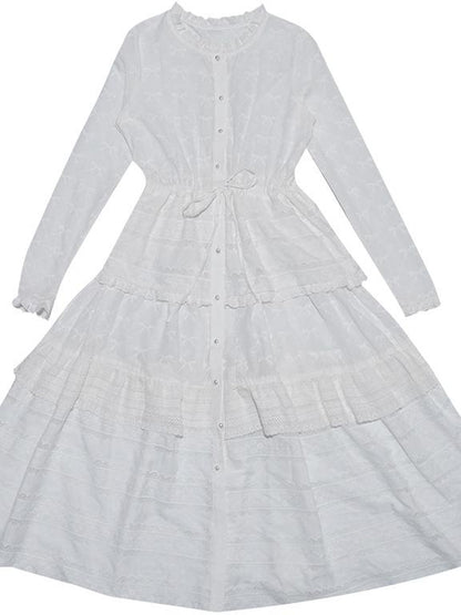 Daytoday Butterfly Embroidery Ruffle Hem Cotton Dress Cardigan