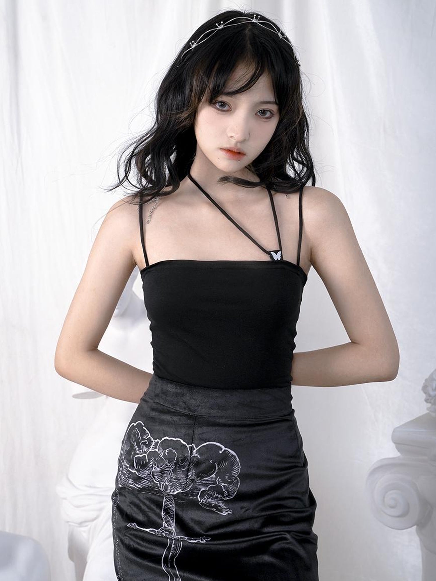 Daytoday Butterfly Jacquard Tie Strap Slim Fit Versatile Camisole Top
