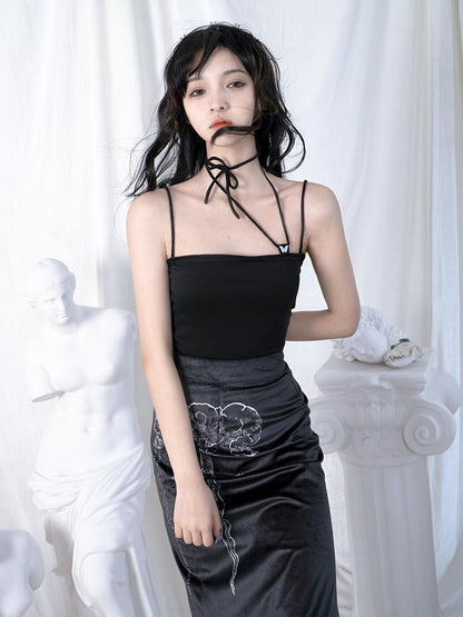 Daytoday Butterfly Jacquard Tie Strap Slim Fit Versatile Camisole Top