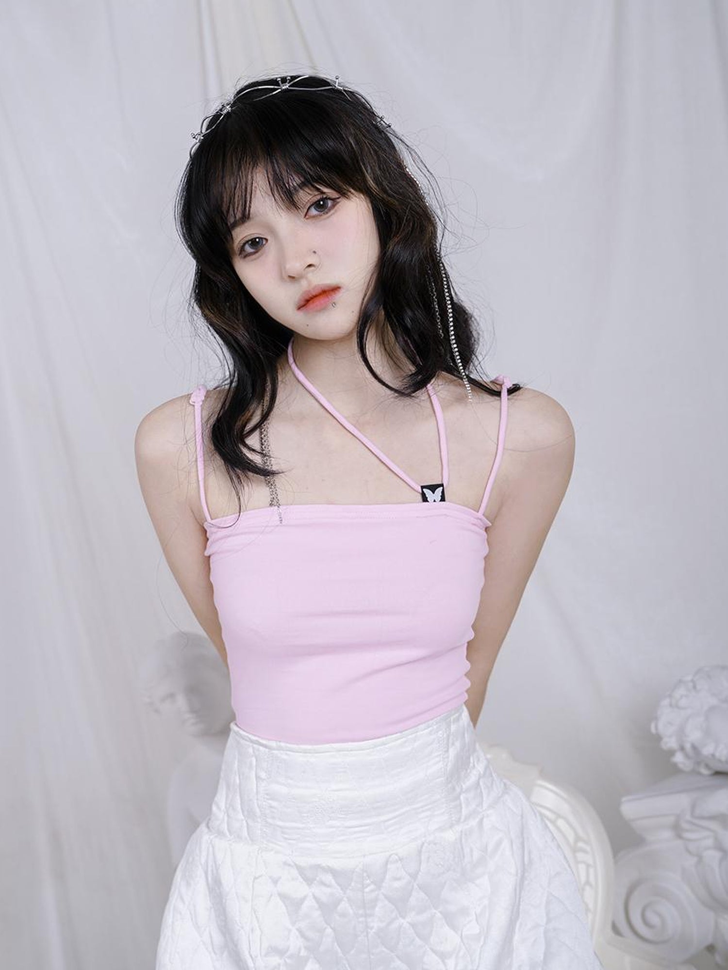 Daytoday Butterfly Jacquard Tie Strap Slim Fit Versatile Camisole Top