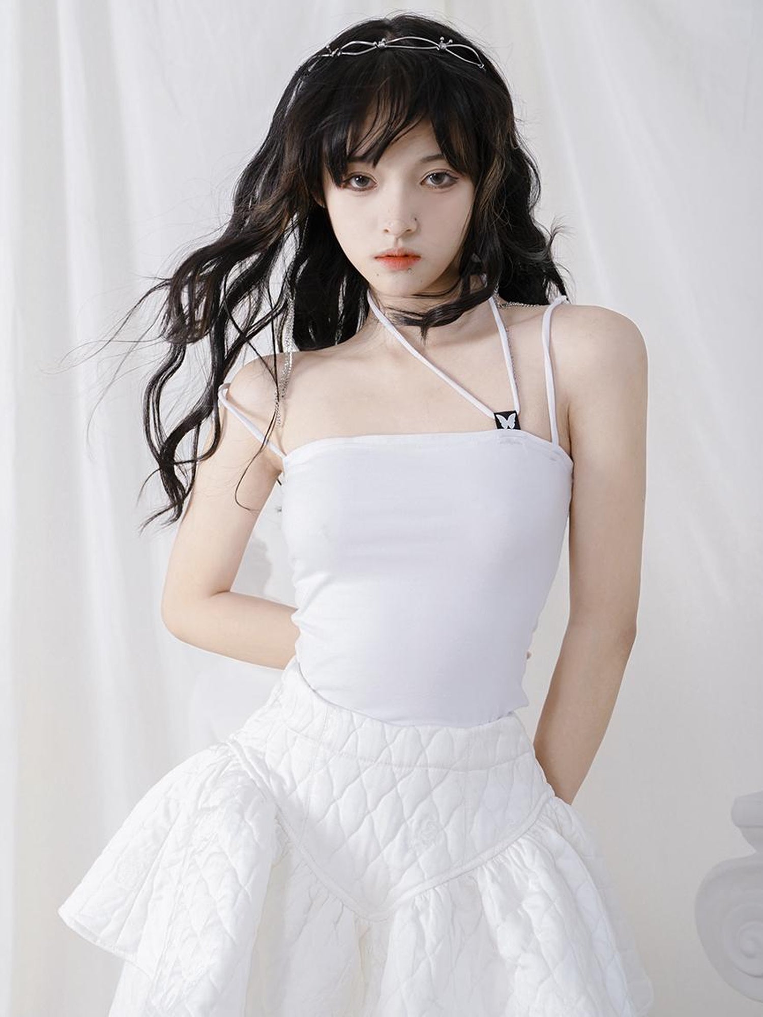 Daytoday Butterfly Jacquard Tie Strap Slim Fit Versatile Camisole Top