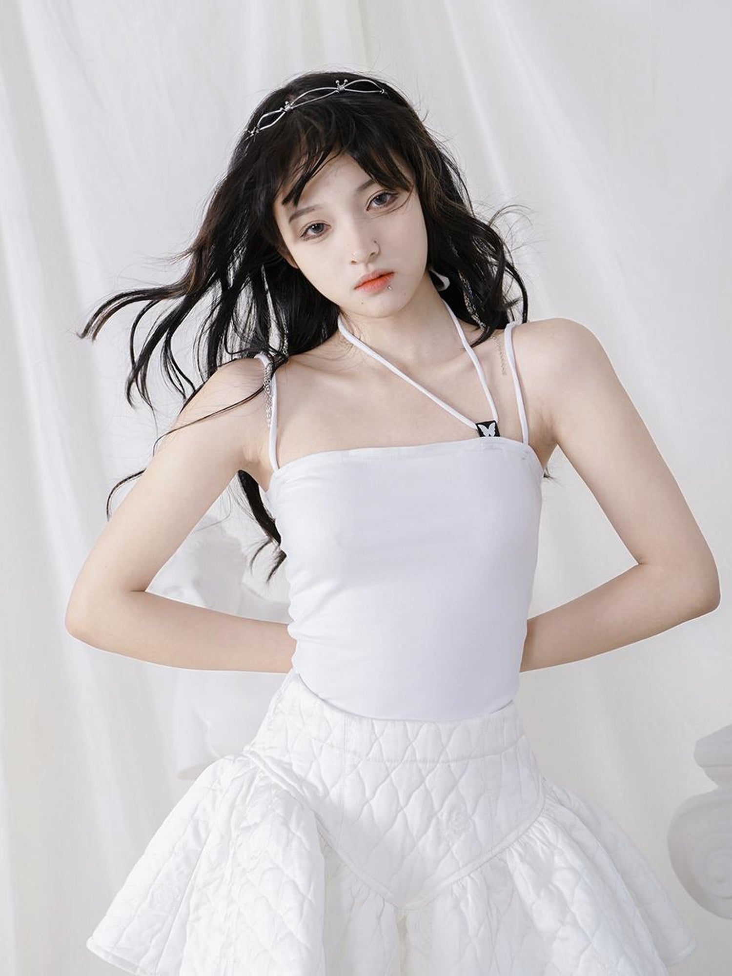 Daytoday Butterfly Jacquard Tie Strap Slim Fit Versatile Camisole Top