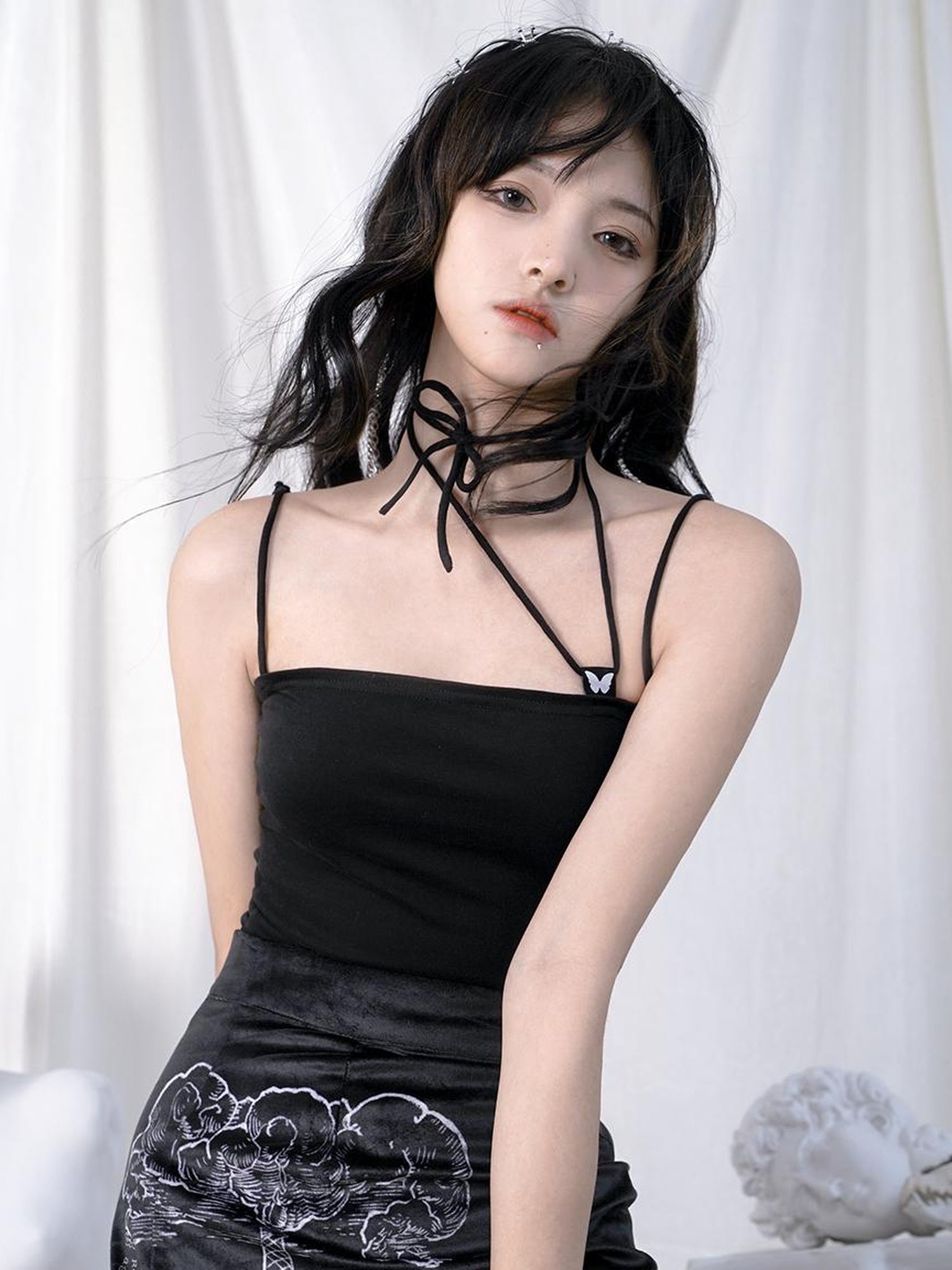 Daytoday Butterfly Jacquard Tie Strap Slim Fit Versatile Camisole Top