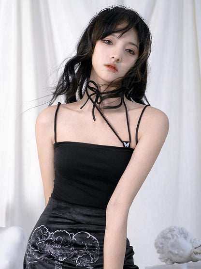 Daytoday Butterfly Jacquard Tie Strap Slim Fit Versatile Camisole Top