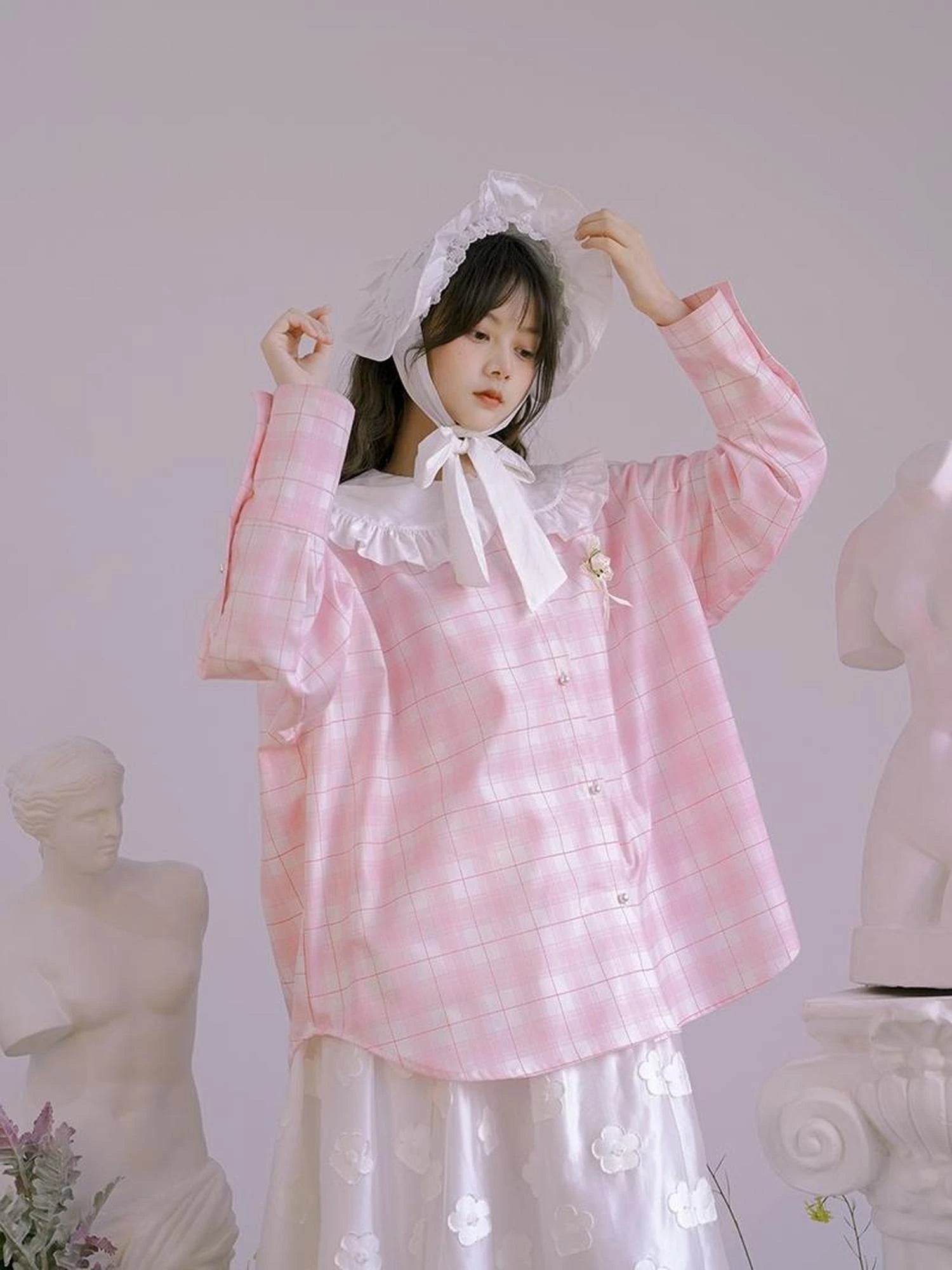 Butterfly Lace Pink Check Oversized Shirt