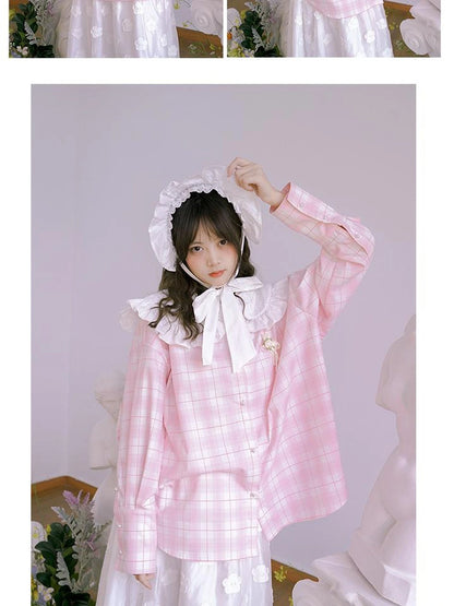Butterfly Lace Pink Check Oversized Shirt