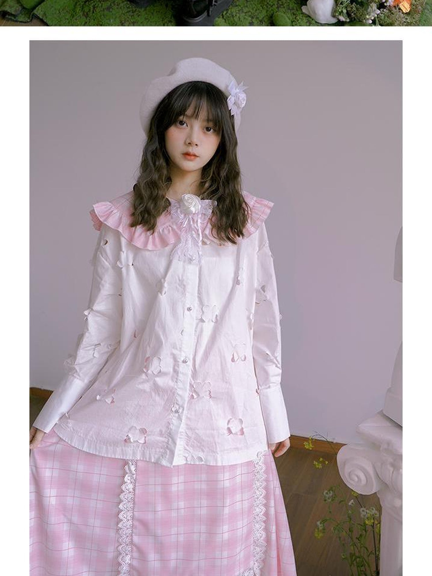 Daytoday Butterfly Lace Pink Check Oversized Shirt