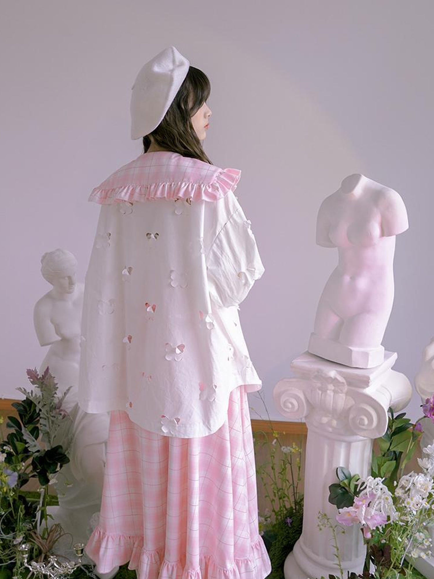 Daytoday Butterfly Lace Pink Check Oversized Shirt
