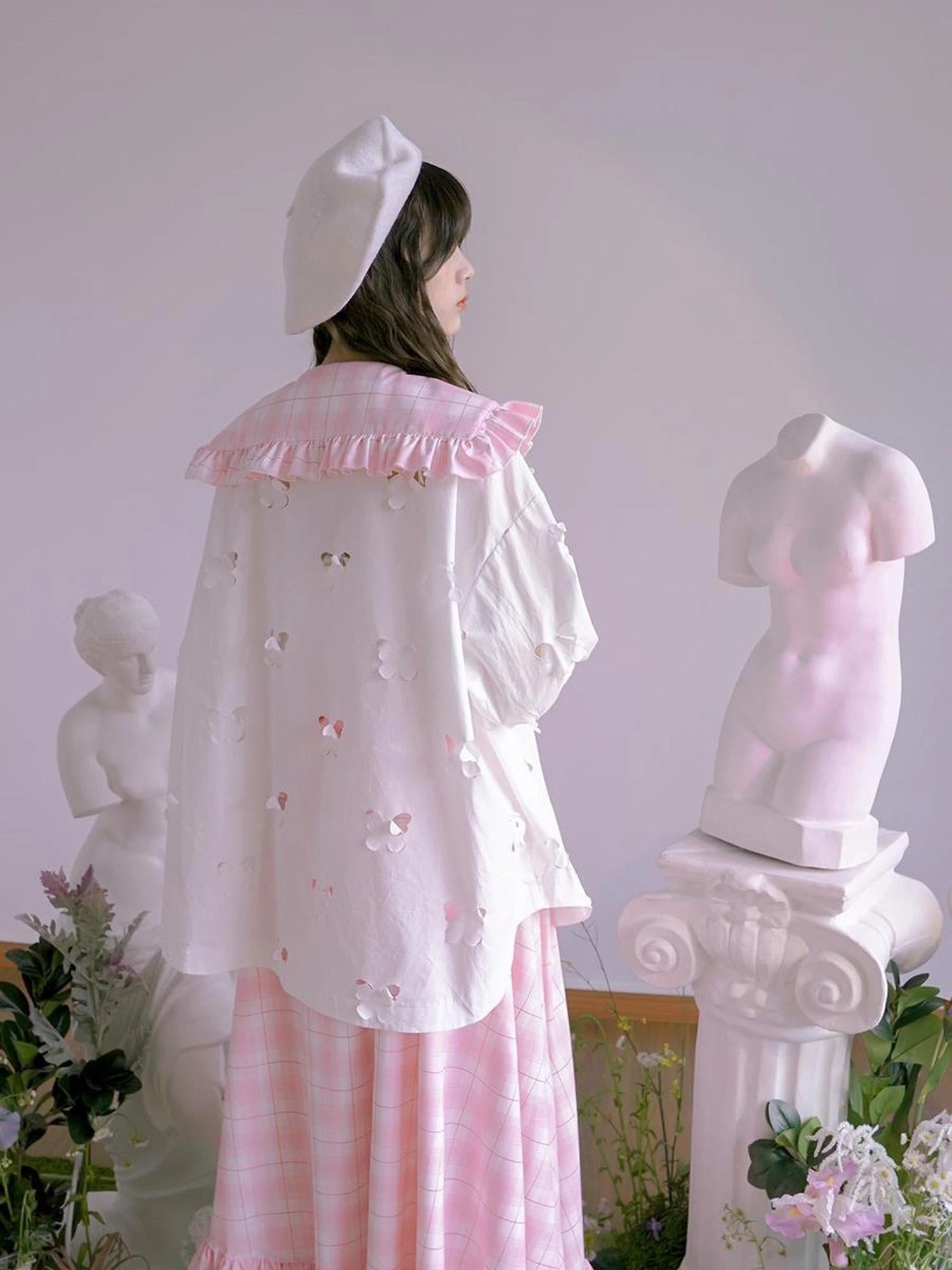 Butterfly Lace Pink Check Oversized Shirt