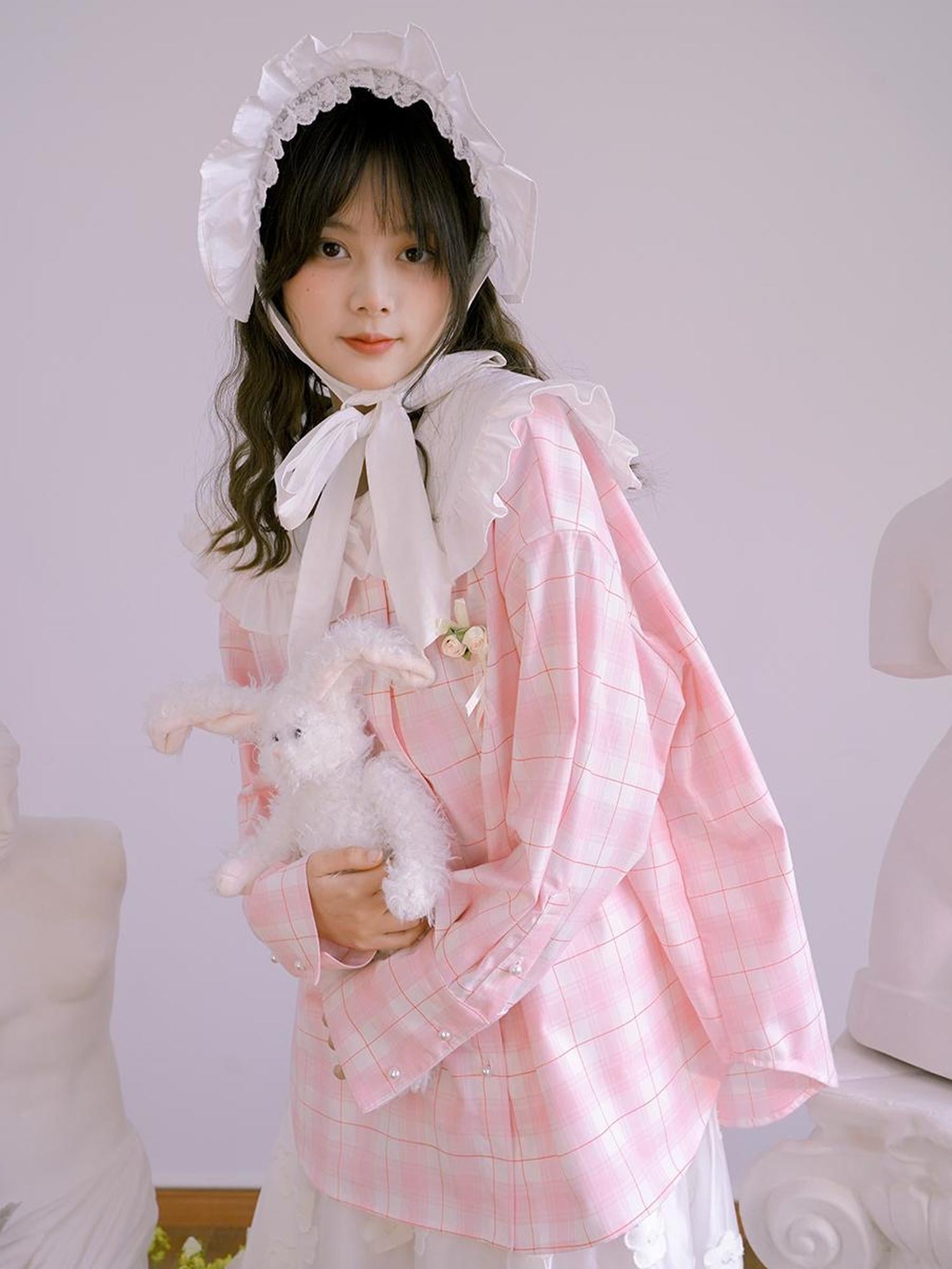 Daytoday Butterfly Lace Pink Check Oversized Shirt