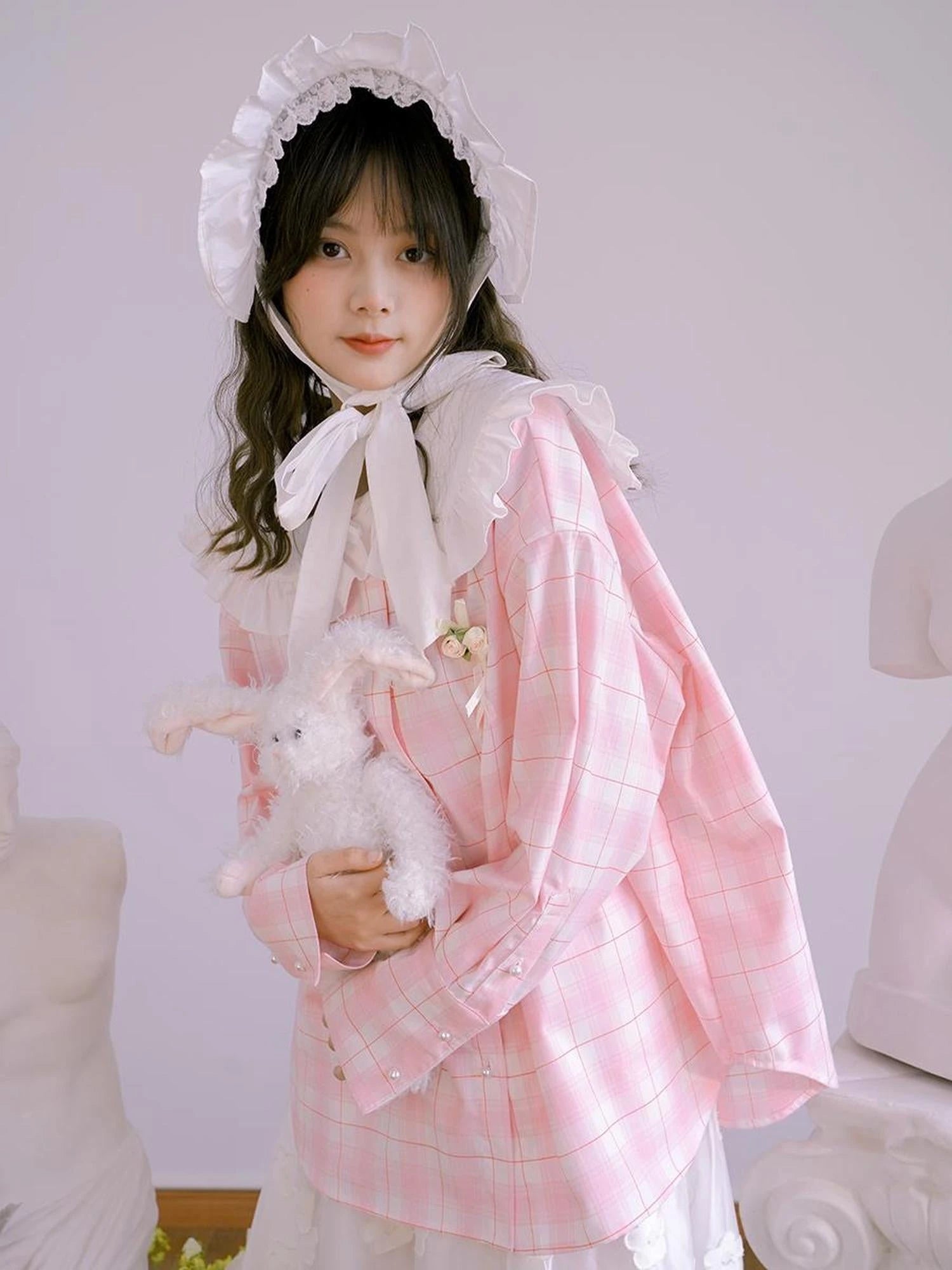 Butterfly Lace Pink Check Oversized Shirt