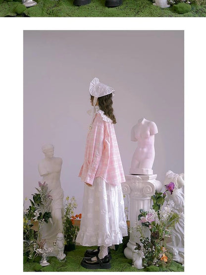 Butterfly Lace Pink Check Oversized Shirt