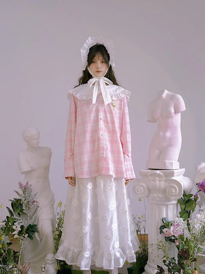 Butterfly Lace Pink Check Oversized Shirt