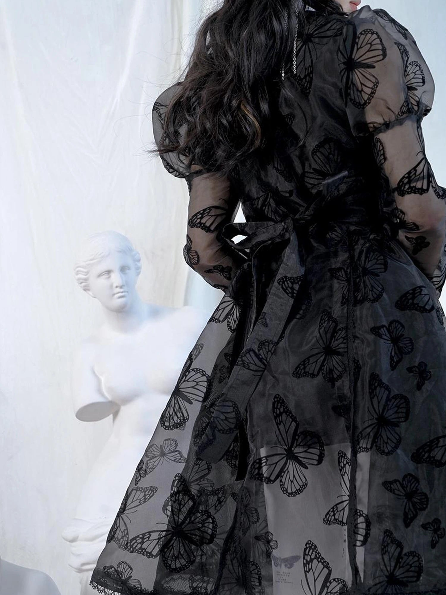 Butterfly Lace Princess Puff Sleeve Cross Embroidered Waist Tie Dress