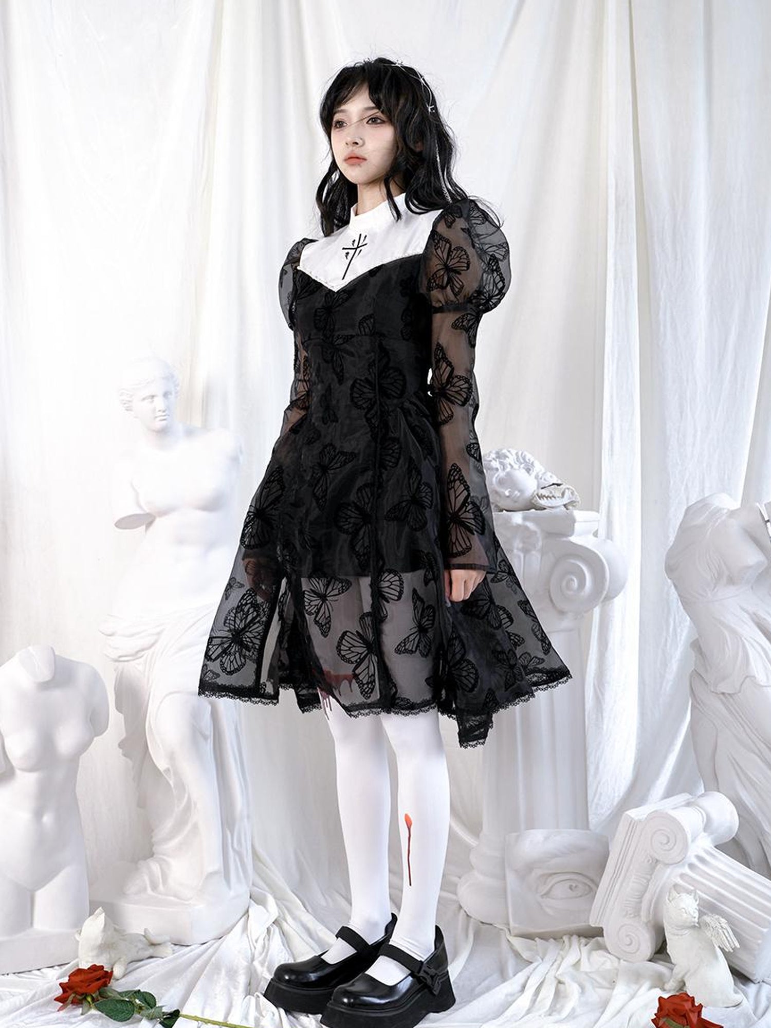 Daytoday Butterfly Lace Princess Puff Sleeve Cross Embroidered Waist Tie Dress